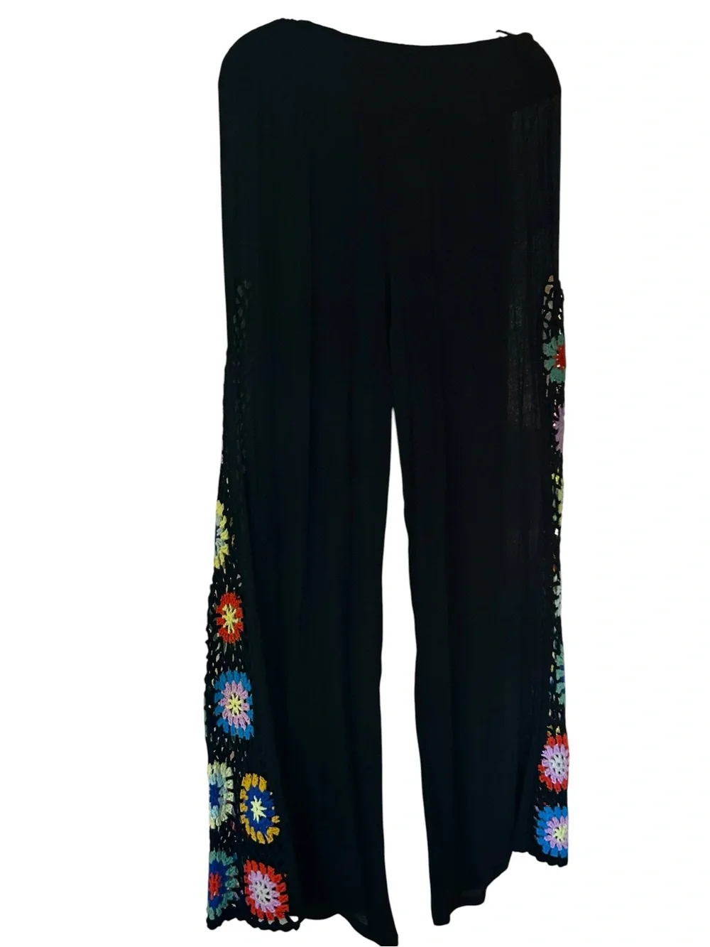 Elan Black Wide-Leg Pants with Vibrant Multicolor Crochet Panels NWT - Picture 7 of 11